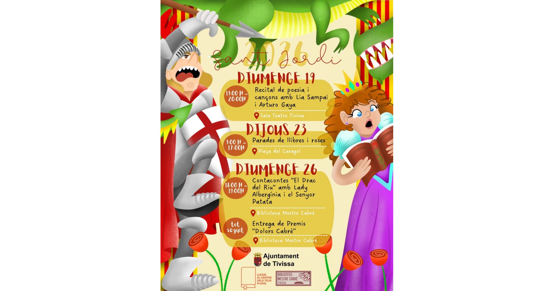 Sant Jordi 2026 a Tivissa. Contacontes "El Drac del Riu" i entrega de premis "Dolors Cabré" Sant Jordi 2026 a Tivissa. Contacontes "El Drac del Riu" i entrega de premis "Dolors Cabré"