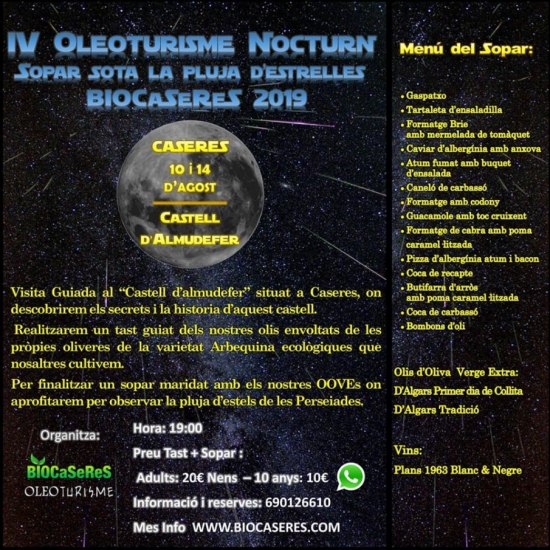 IV Oleoturisme nocturn. Sopar sota la pluja destrelles Biocaseres 2019