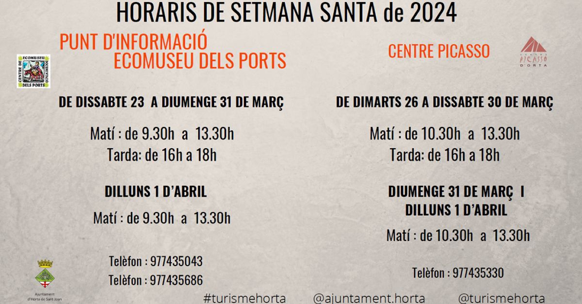 Horaris Setmana Santa al Punt dinformaci Ecomuseu dels Ports