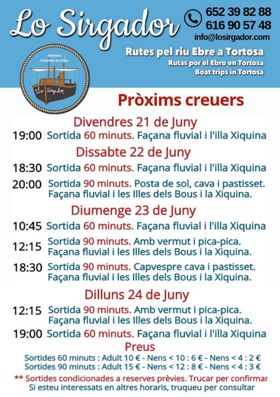 Ruta pel riu Ebre amb Lo Sirgador -Sortida 60 minuts - Faana fluvial i lilla Xiquina