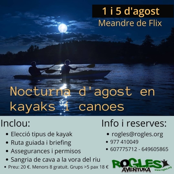 Nocturna dagost en caiac i canoes pel meandre de Flix