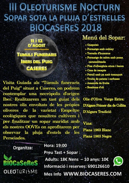 III Oleoturisme nocturn: sopar sota la pluja destrelles Biocaseres 2018