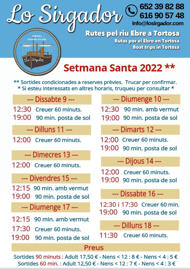 Sortides pel riu Ebre amb el llagut Lo Sirgador - Setmana Santa 2022